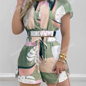 Colorful Leaf Print Crop Top Short Set